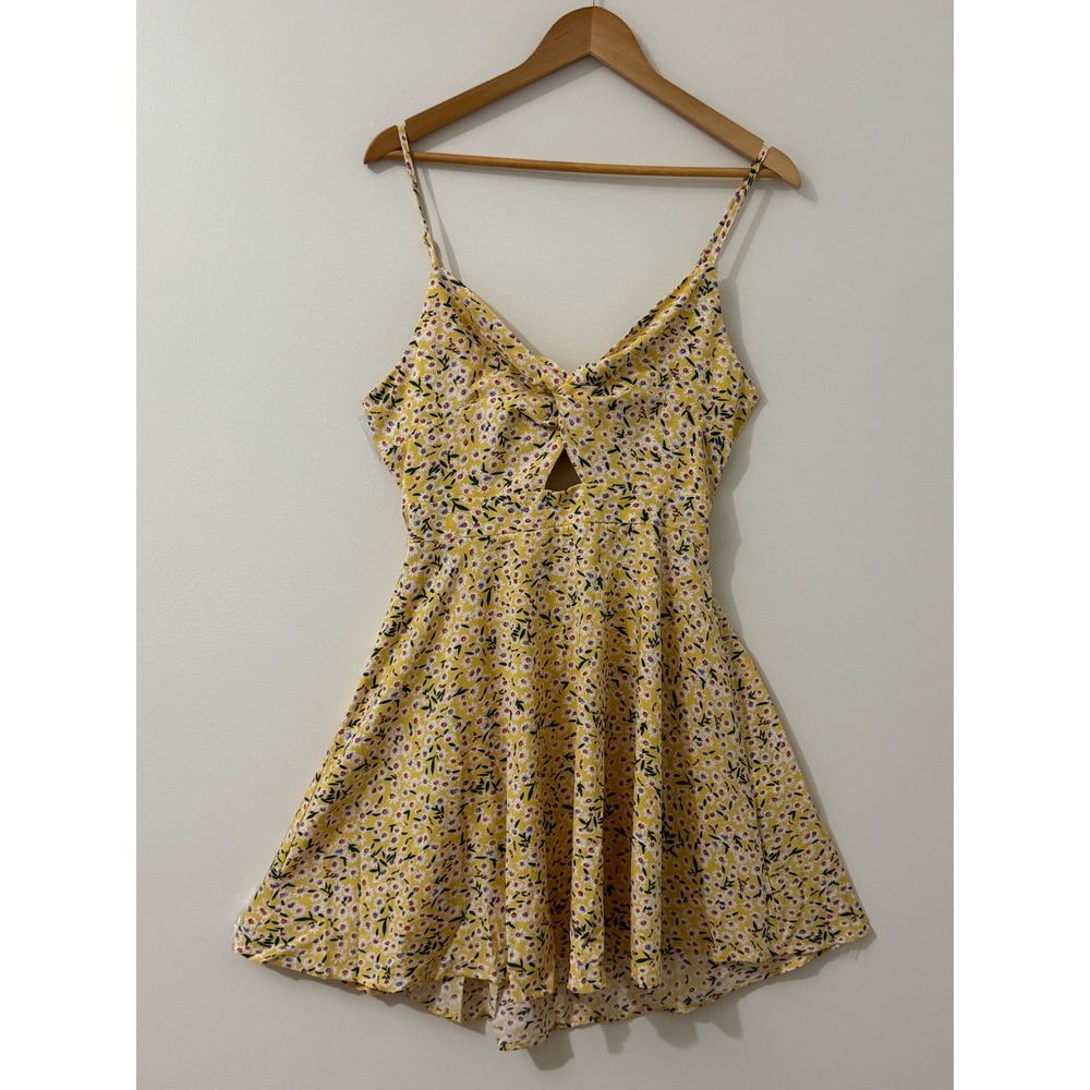 Yellow Ditsy Floral Fit & Flare Mini Dress Cutout Tie Back M Cottagecore Summer - Picture 3 of 10